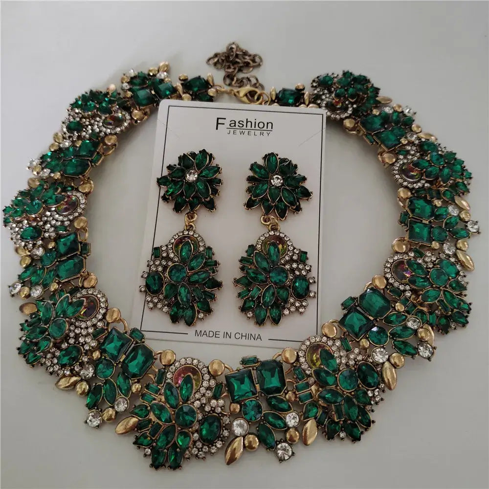 Indian Ethnic Crystal Rhinestone Necklace Earrings Set for Bridal 2024 Green Sets