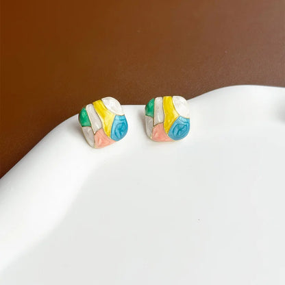 Pink Blue Grid Enamel Square Stud Earrings for Women Colorful Geometric Bohemian Fashion Jewelry