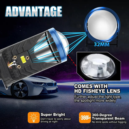 Roadsun H4 Bi LED Headlight Bulb Mini Lens with Turbo Fan and Canbus Compatibility 12V Universal Fog Lights 2 PCS
