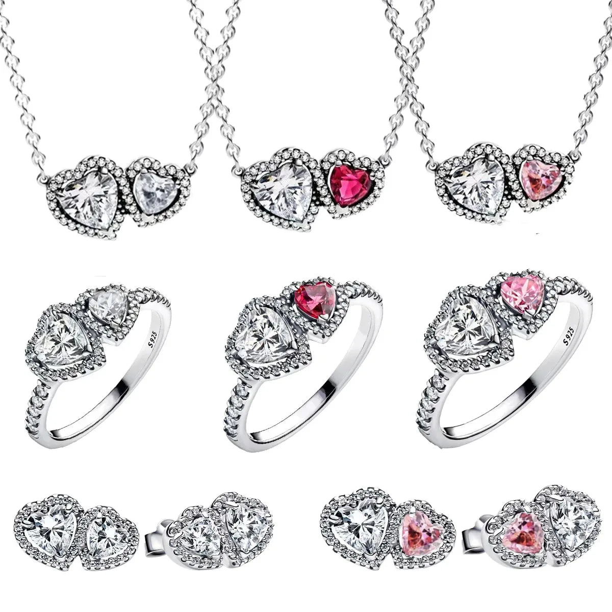 925 Sterling Silver Heart Jewelry Set With Colorful Zircon Sparkling Ring Earrings and Necklace for Women Gift