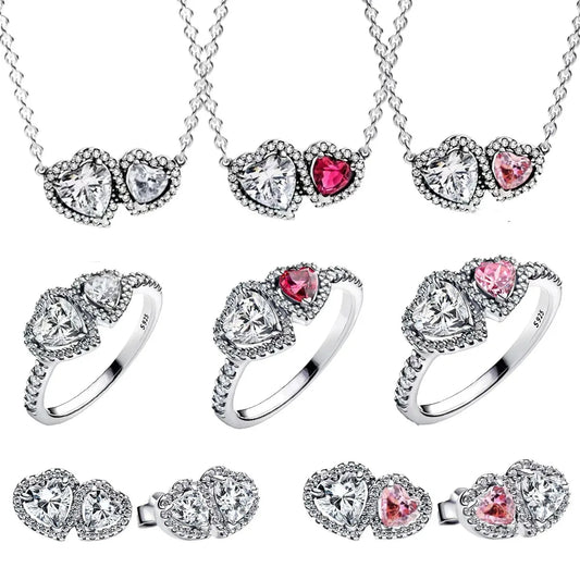 925 Sterling Silver Heart Jewelry Set With Colorful Zircon Sparkling Ring Earrings and Necklace for Women Gift