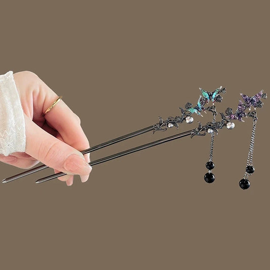 Elegant Double Butterfly Tassel Hair Stick for Vintage Chinese Style Hairwear