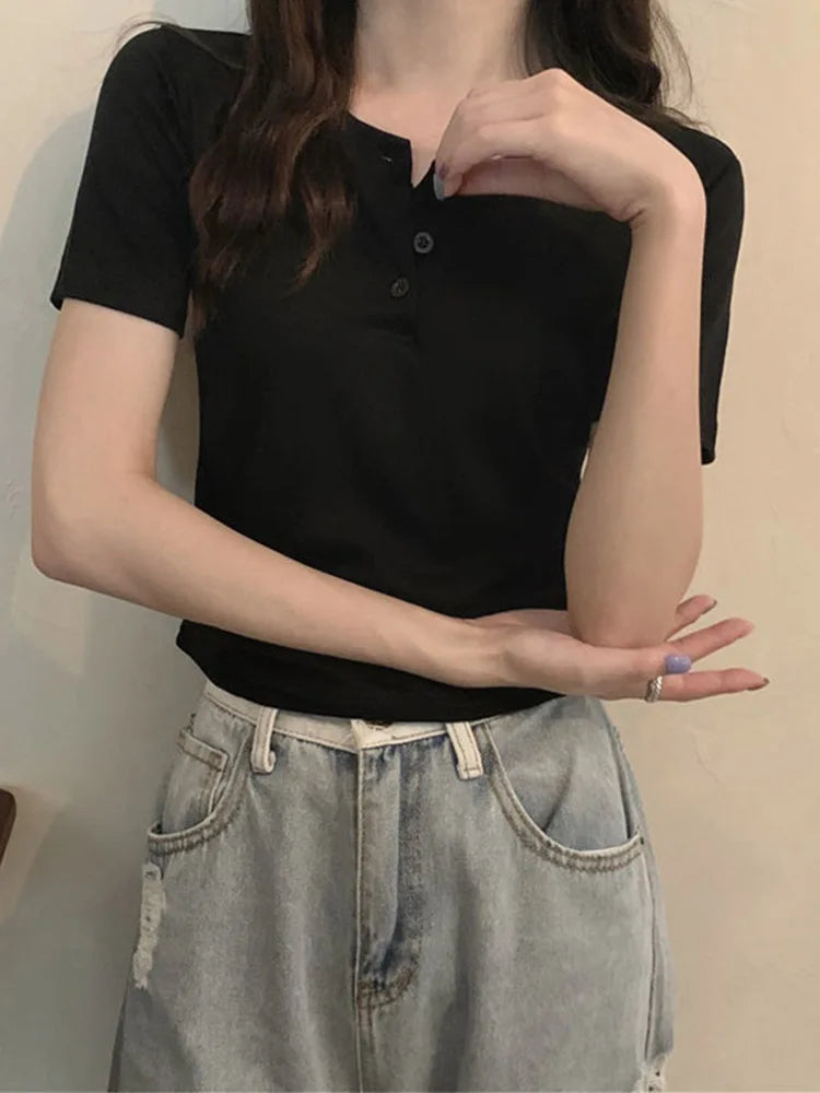 Women Open Button Crop Tee Shirt V Neck Short Sleeve
