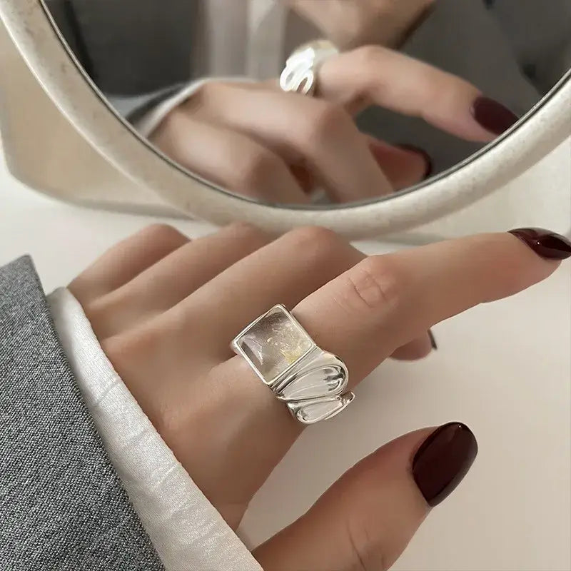 Real 925 Sterling Silver Wave Stone Adjustable Ring Jewelry WHITE resizable