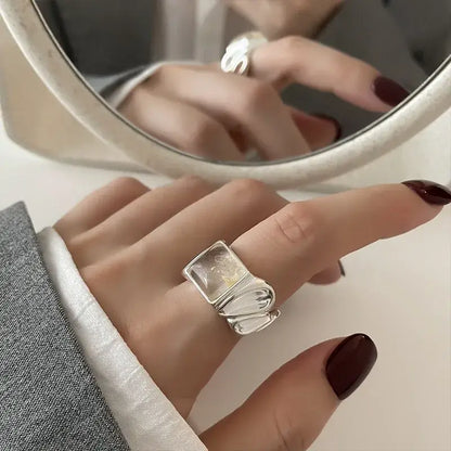 Real 925 Sterling Silver Wave Stone Adjustable Ring Jewelry WHITE resizable