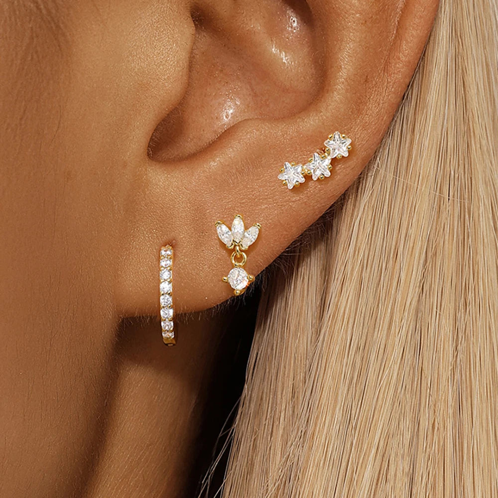 3PCS Luxury Star Pendant Earrings Set for Women Stainless Steel and Cubic Zirconia Punk Ear Studs Fashion Jewelry