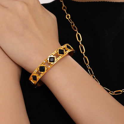 Vintage Gold Plated Stainless Steel Bracelet with Red Glass Bangle Charm Luxury Jewelry Gift for Women