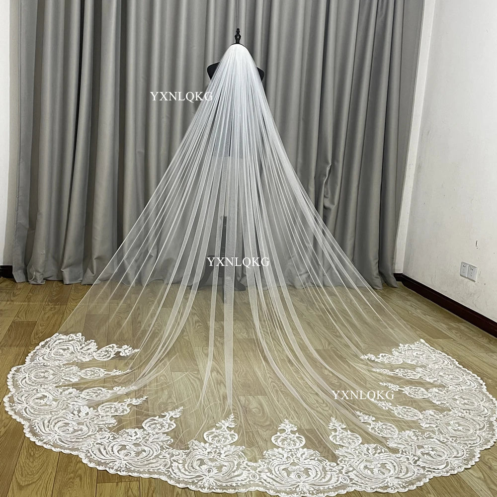 Ivory Cathedral Tulle Bridal Veil With Lace Edge And Comb