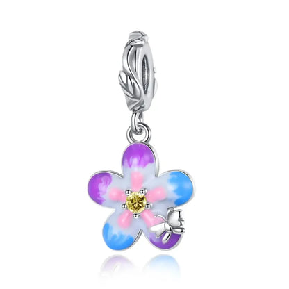 925 Sterling Silver Rose Sakura Flower Dangle Charm with Zircon for DIY Jewelry and Bracelets