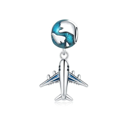 Original 925 Sterling Silver Blue Zircon Space Charms Aircraft Planet Astronaut Beads for DIY Necklace and Bracelet Jewelry Gift