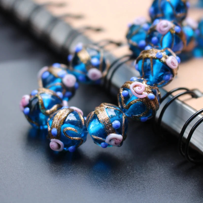 Handmade Lampwork Glass Flower Beads Set with Gold Accents for Jewelry Crafting