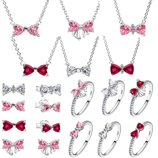 925 Sterling Silver Colorful Zircon Bow Tie Jewelry Set for Women Elegant DIY Fine Gift