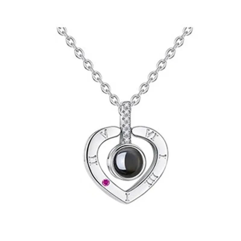 Silver Heart Pendant Necklace with 100 Languages I Love You Engraving for Women Anniversary Gift