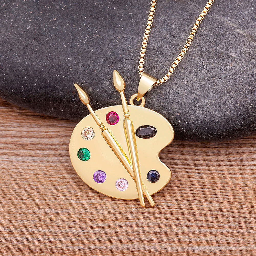 Colorful Zirconia Palette Pendant Necklace for Women Art-Inspired Brush Chain Jewelry