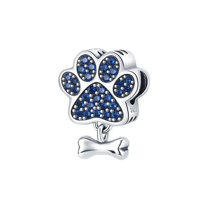 Sterling Silver Paw Print and Bone Charm Bead for Pet Bracelet Jewelry B5535