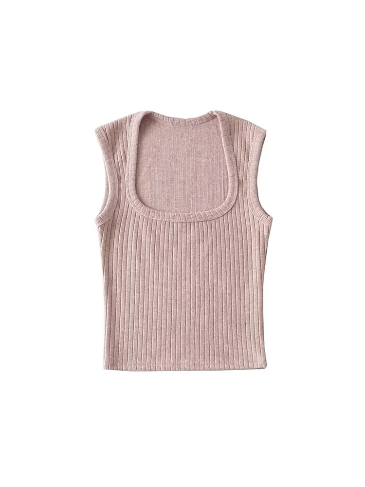 Dozw Elastic Knit Crop Top For Women Solid Summer Sleeveless