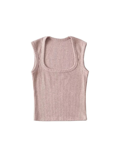 Dozw Elastic Knit Crop Top For Women Solid Summer Sleeveless