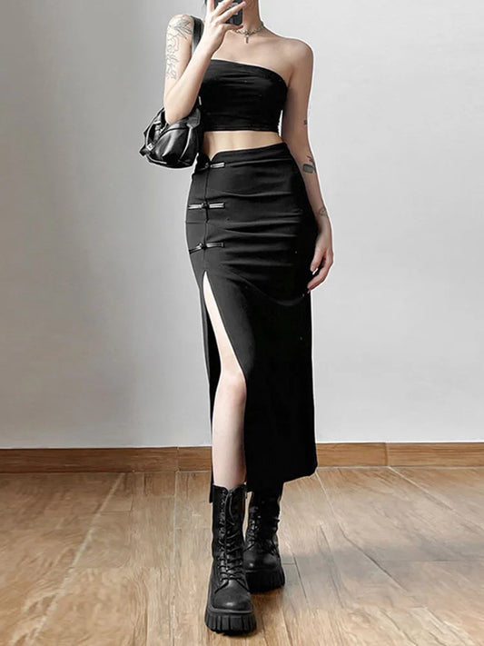 Black Knit Ankle Skirt Slim Fit Women Casual Streetwear