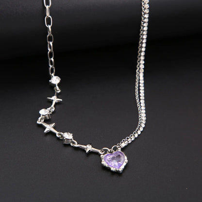 Y2K Purple Crystal Heart Pendant Necklace for Trendy Women