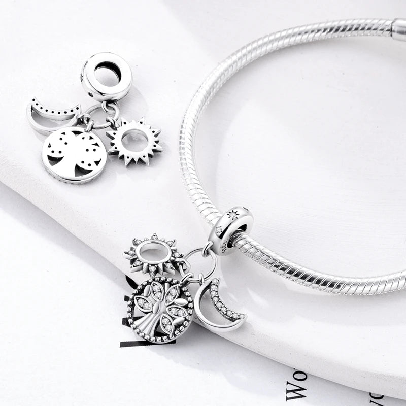 Silver Star Moon Heart Charm Bracelet with CZ Beads and Angel Wing Pendant for Women