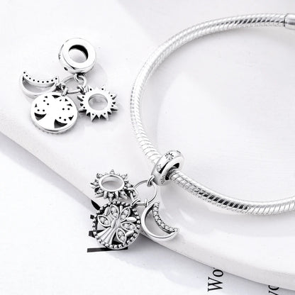 Silver Star Moon Heart Charm Bracelet with CZ Beads and Angel Wing Pendant for Women