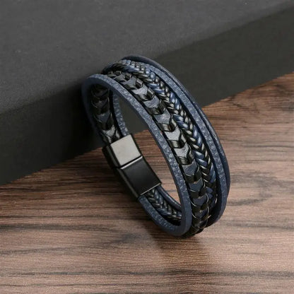 Men's Leather Bracelet with Stainless Steel Tree of Life Charm - Stylish Multi-Layer Fashion Accessory