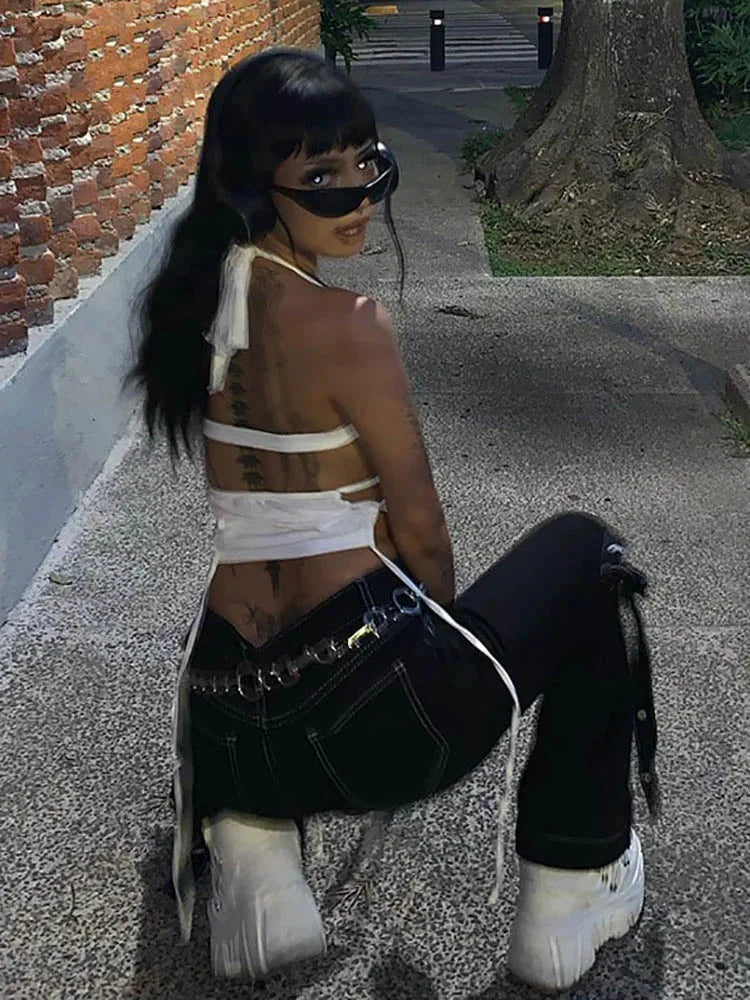 Y2K Backless White Crop Top Hollow Out Bandage Halter Tank