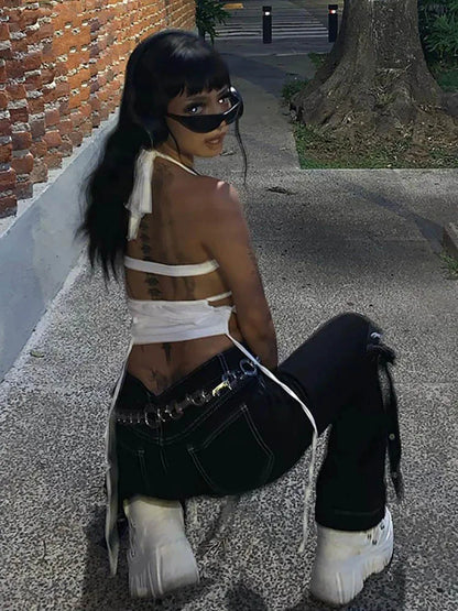 Y2K Backless White Crop Top Hollow Out Bandage Halter Tank