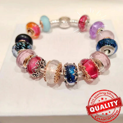 925 Sterling Silver Murano Glass Rainbow Snowflakes Stars Charm for Women Bracelet DIY Jewelry