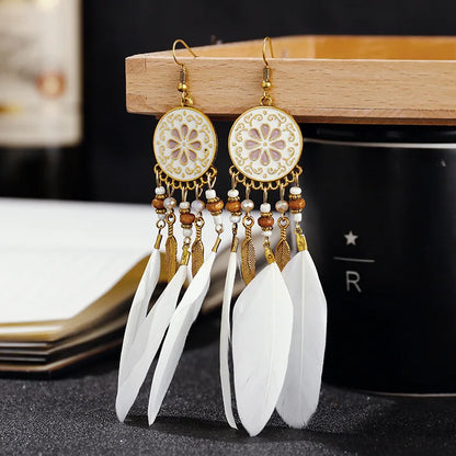Bohemian Long Feather Drop Earrings with Tassel Beads and Enamel Flowers for Women