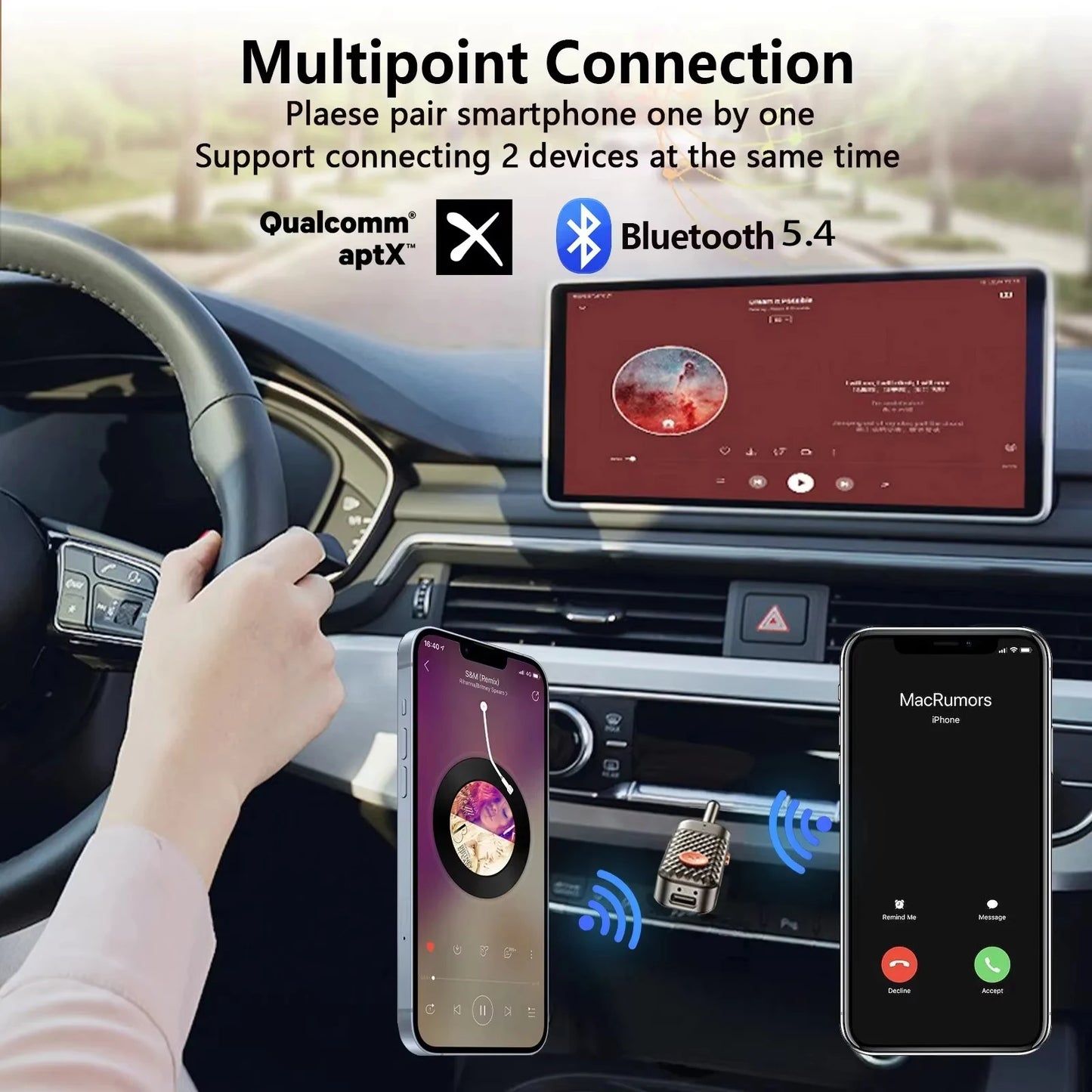 Bluetooth 5.4 HiFi Stereo Audio Transmitter Receiver Wireless Adapter with Mic for Car Airplane TV and PC