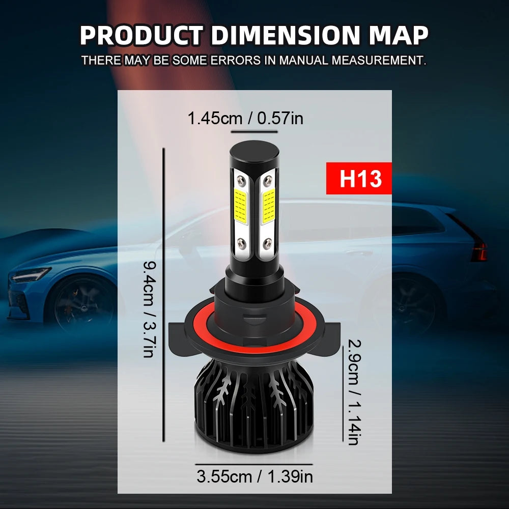 2pcs H13 LED Car Headlight Bulbs 25000LM 200W High Low Beams 360 Degree COB Lighting 6000K 8000K Compatible Universal Auto Lamp