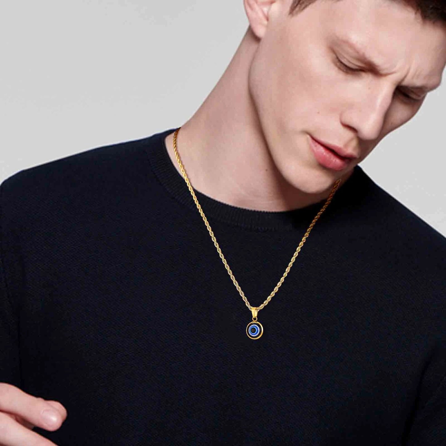 Men's Stainless Steel Evil Eye Necklace with Turkish Charm and Box Rope Chain