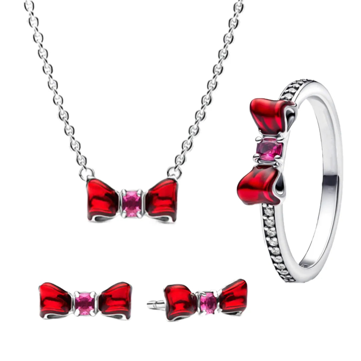 925 Sterling Silver Red Bow Jewelry Set with Colorful Zircon Crystals for Women Birthday and Valentines Gift