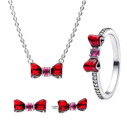 925 Sterling Silver Red Bow Jewelry Set with Colorful Zircon Crystals for Women Birthday and Valentines Gift