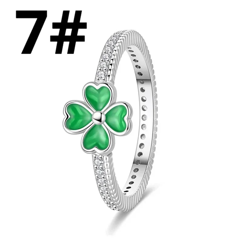 Green Series Sterling Silver Lucky Four Leaf Clover Charms with Zircon Beach Beads for Bracelets and Necklaces