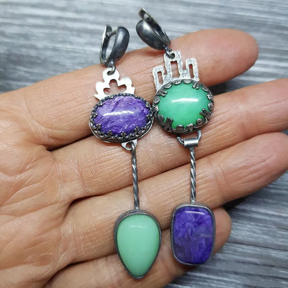 Asymmetric Bronze Red Blue Stone Drop Earrings for Women - Ethnic Statement Jewelry Gift