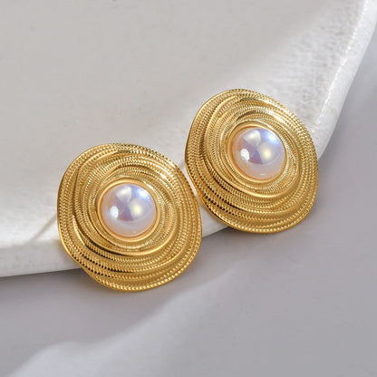 Letdiffery Vintage Golden Pearl Pendant Jewelry Set with Stainless Steel Geometric Round Earrings Necklace and Ring for Women