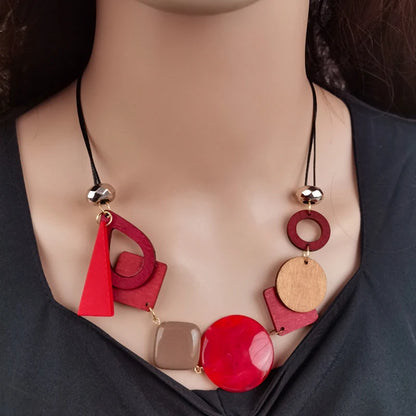 Vintage Wooden Geometric Pendant Necklace for Women Ethnic Handmade Statement Jewelry