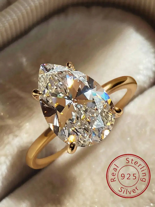925 Sterling Silver Simple Sparkling Pear Shape Zircon Ring for Women Engagement and Wedding Fine Jewelry