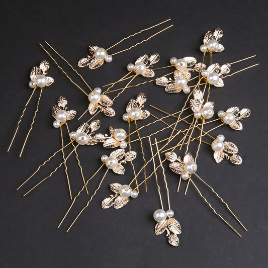 Golden Pearl Leaf Hairpins Set Bridal Wedding Accessories