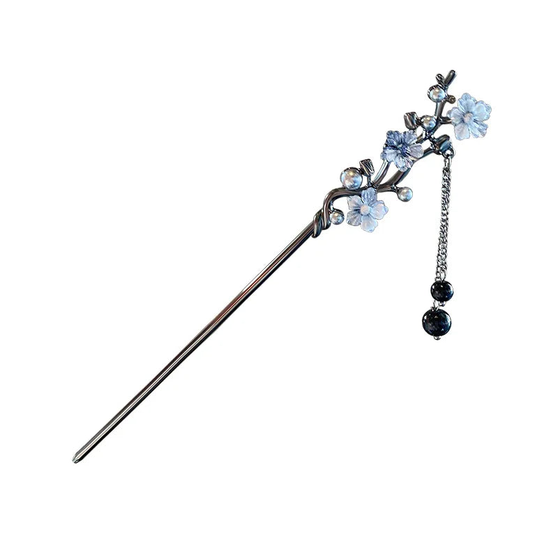 Elegant Ink Flower Tassel Hairpin Forks for Women - Modern Hanfu Hair Jewelry with Black Beads Fringe