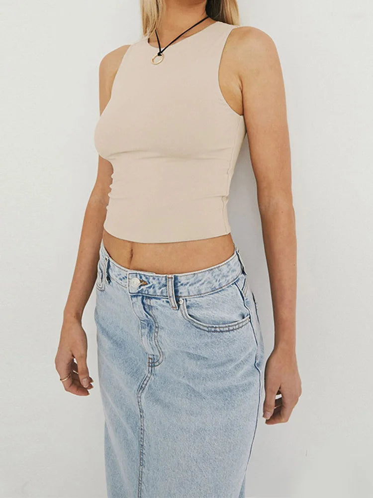 Women Sleeveless Racerback Round Neck Tight Knit Tank