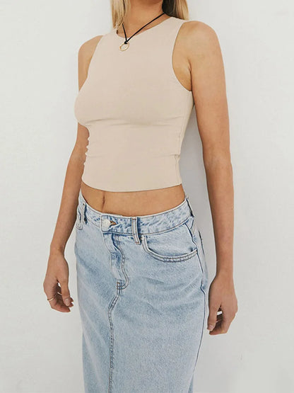 Women Sleeveless Racerback Round Neck Tight Knit Tank