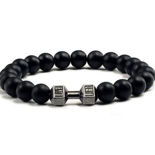 Vintage Men's Natural Stone Bead Bracelet With Dumbbell Pendant matte black
