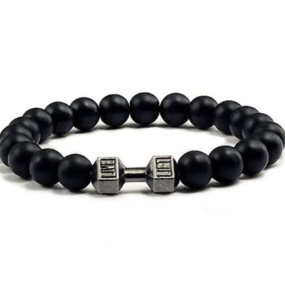 Vintage Men's Natural Stone Bead Bracelet With Dumbbell Pendant matte black