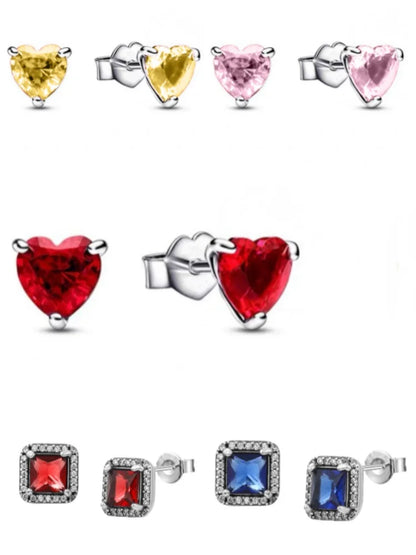 Heart Series Sterling Silver Stud Earrings with Colorful Zircon Stones for Women Fashion