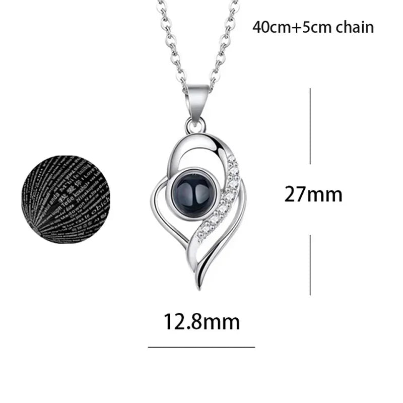 100 Languages I Love You Heart Pendant Necklace Romantic Projection Jewelry Gift for Women Heart Spiral Drop 40cm plus 5cm