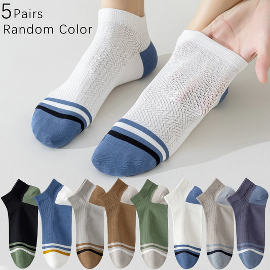 5 Pairs Mens Colorblock Mesh Sports Socks Anti Odor