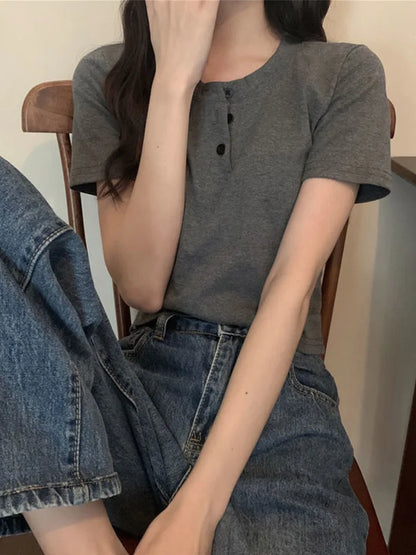 Women Open Button Crop Tee Shirt V Neck Short Sleeve